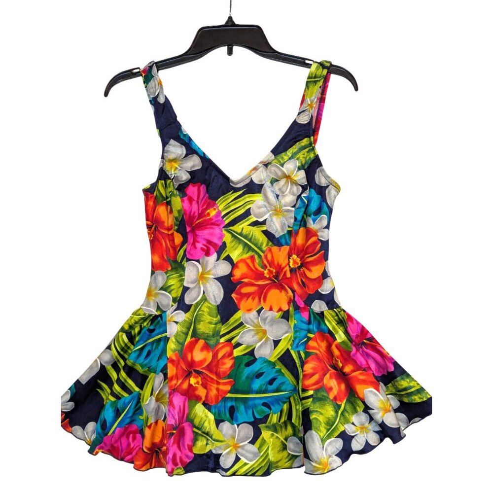 Vintage Coral Key Floral Swimdress Womens Size 14 V-Neck Nylon/Spandex Tropical